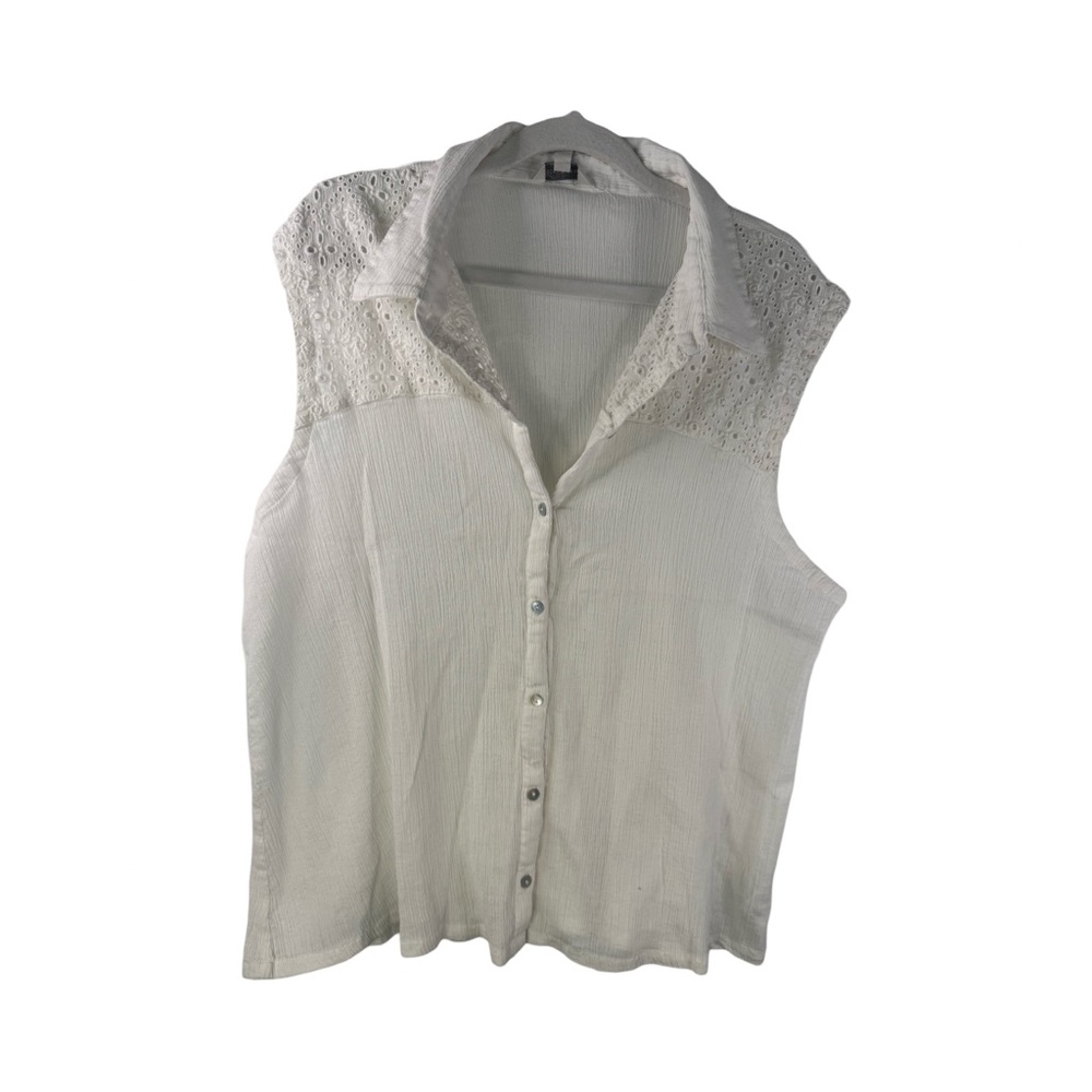 Lucky Brand Women’s Sleeveless White Button Blouse XL Eyelet Inset